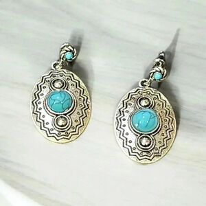 Silver Plated Turquoise Stone Bohemian Dangle Earrings